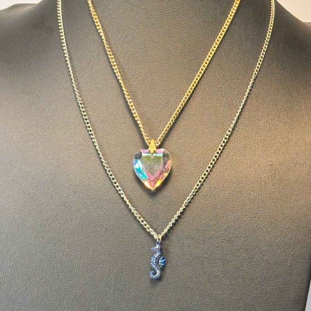 Necklace Set Gold Silver Iridescent Heart Seahorse Y2K Kidcore Whimsygoth Boho
